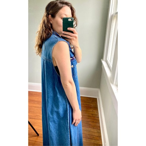 Vintage 90s Denim Button Down Silver Velvet Sleeveless Slit Maxi Dress L - Picture 6 of 9